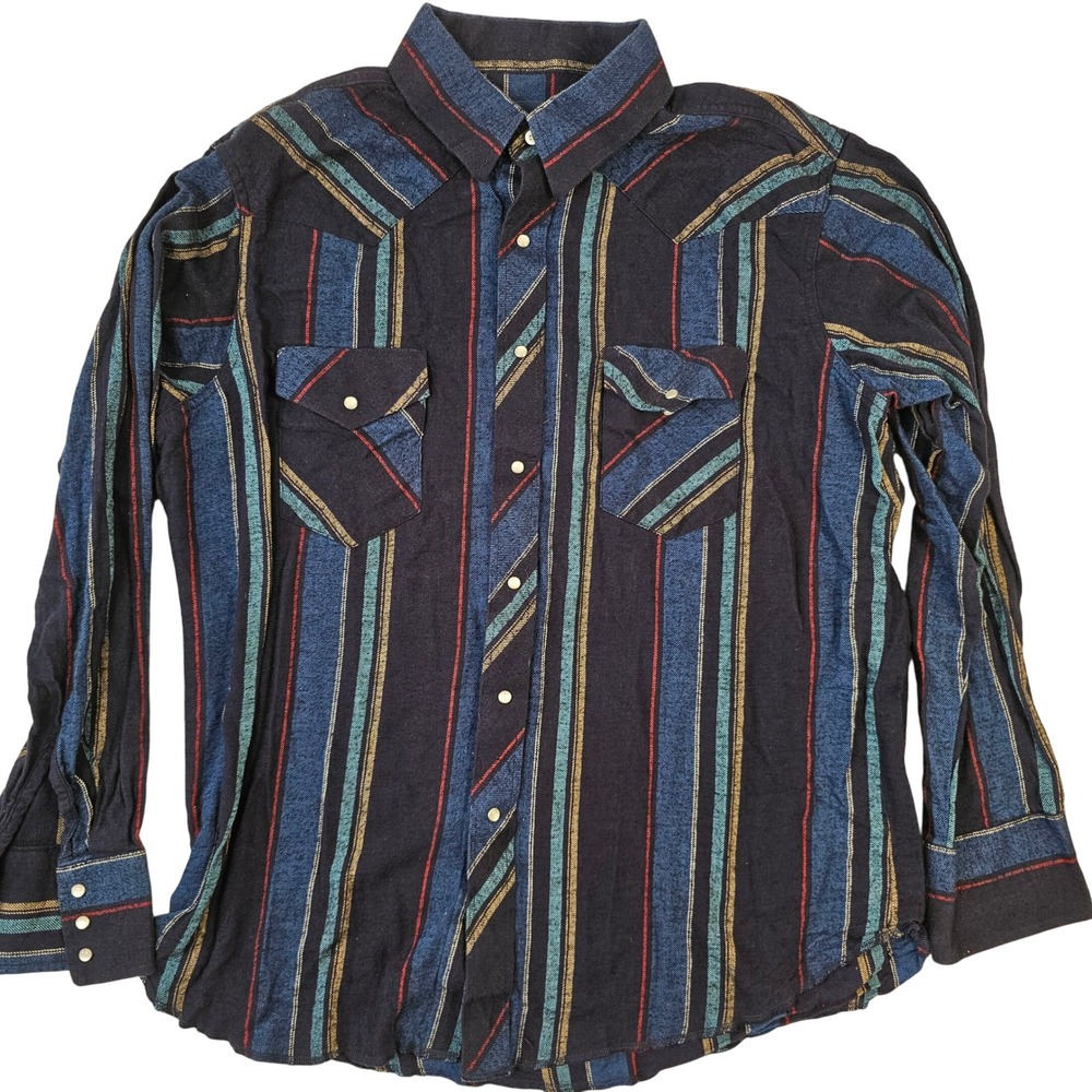 Wrangler Mens XL Western Pearl Snap Shirt Multi Stripe Cotton WACH57593 Navy